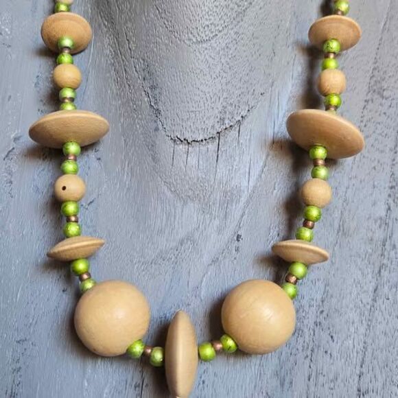 Unbranded Jewelry - Handmade Wooden Bead Statement Necklace | Green & Natural Wood Boho Necklace